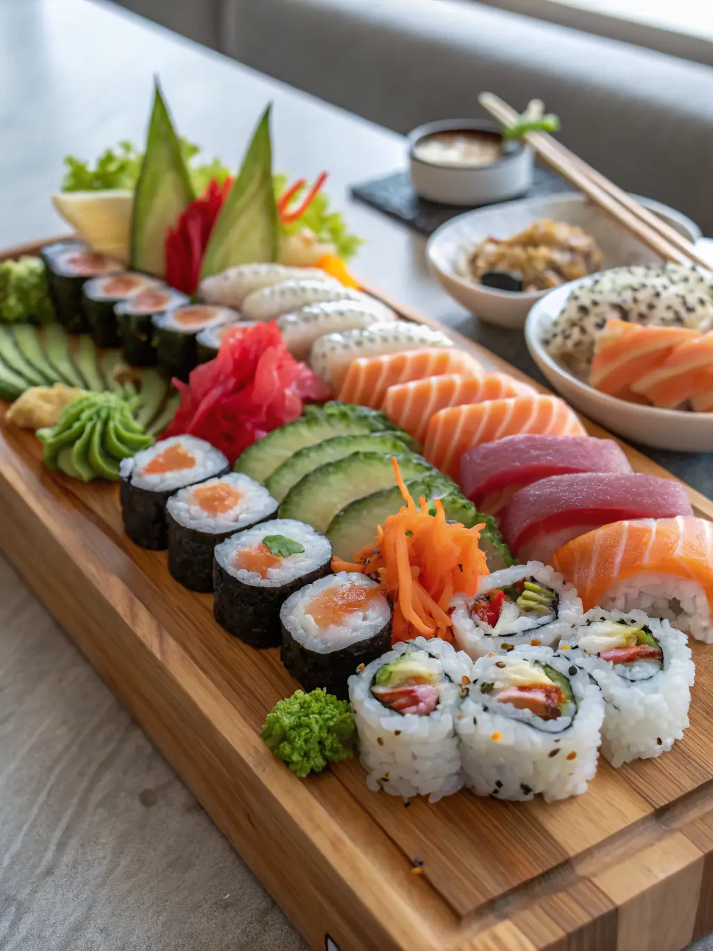 A Yoko Sushi Dinner Set featuring a mix of fresh sashimi, including salmon, tuna, and yellowtail, elegantly presented on a bed of shaved ice with traditional garnishes.